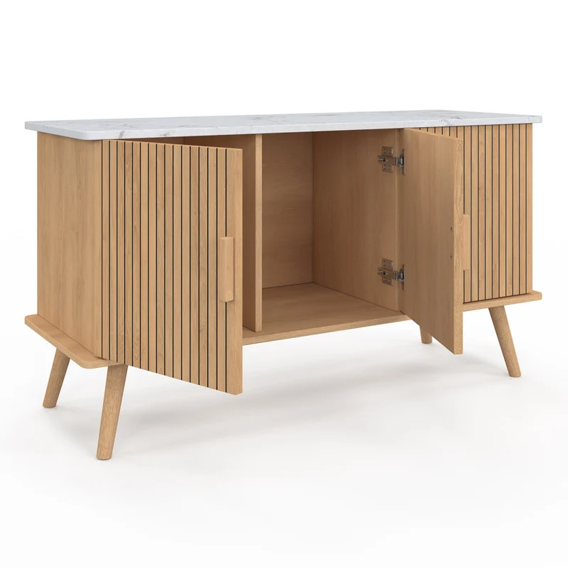 Buffet Marceau 3 portes effet lattes et dessus marbre L110cm