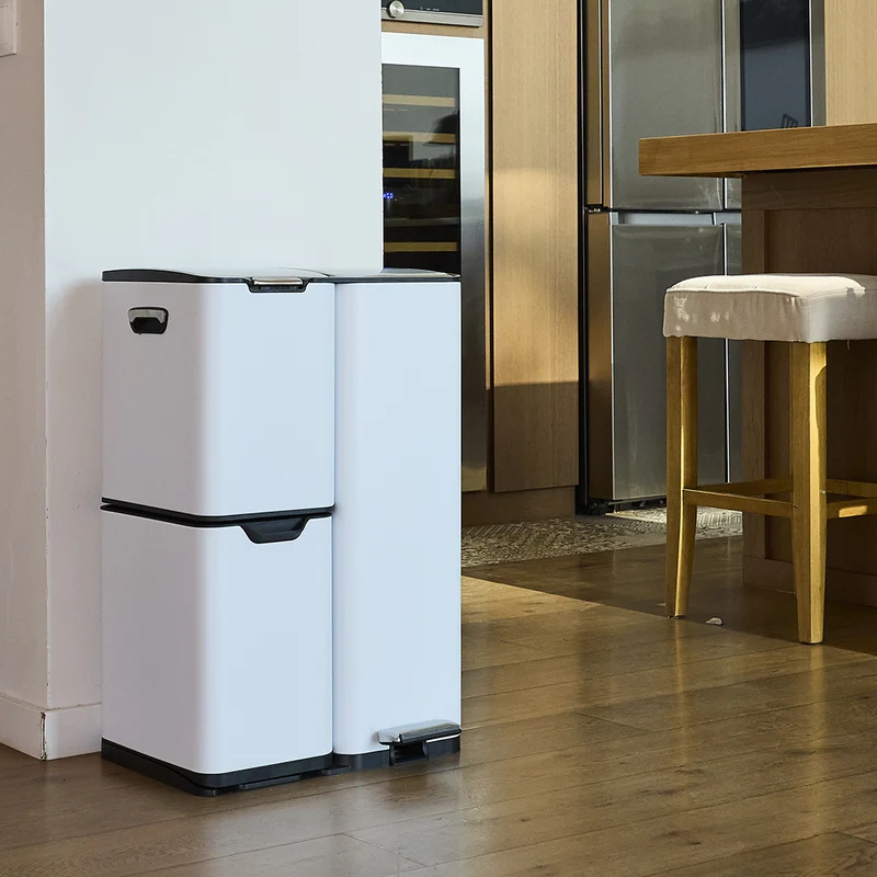 Poubelle de cuisine à pédale tri sélectif recyclage 60L(13+17+30L) HAJA en acier Inox Blanc avec seau