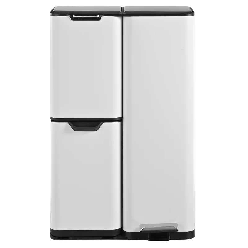 Poubelle de cuisine à pédale tri sélectif recyclage 60L(13+17+30L) HAJA en acier Inox Blanc avec seau