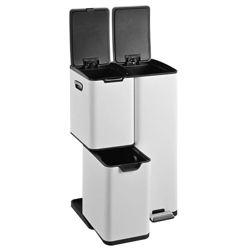 Poubelle de cuisine à pédale tri sélectif recyclage 60L(13+17+30L) HAJA en acier Inox Blanc avec seau