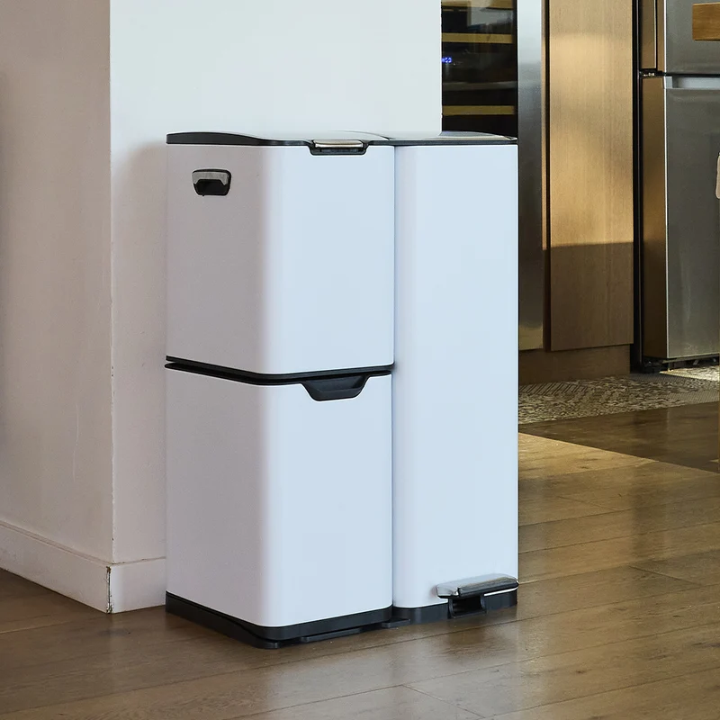 Poubelle de cuisine à pédale tri sélectif recyclage 60L(13+17+30L) HAJA en acier Inox Blanc avec seau