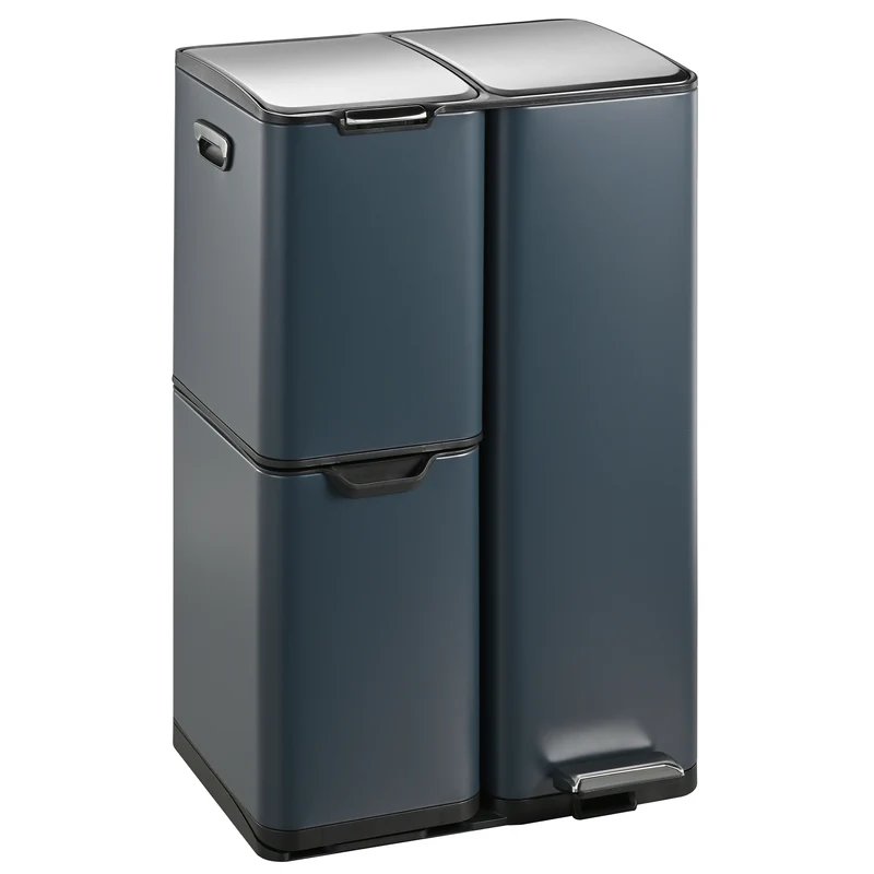 Poubelle de cuisine à pédale tri sélectif recyclage 60L(13+17+30L) HAJA en acier Inox Gris avec seau