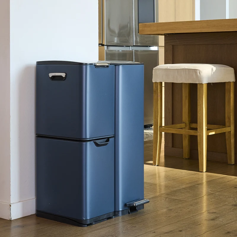 Poubelle de cuisine à pédale tri sélectif recyclage 60L(13+17+30L) HAJA en acier Inox Gris avec seau