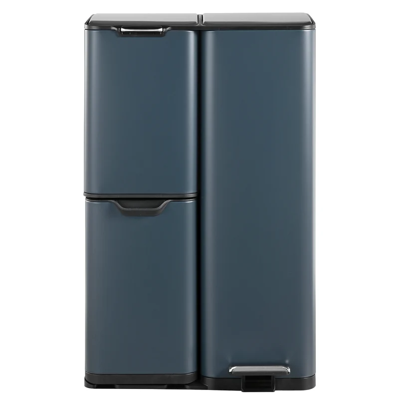 Poubelle de cuisine à pédale tri sélectif recyclage 60L(13+17+30L) HAJA en acier Inox Gris avec seau