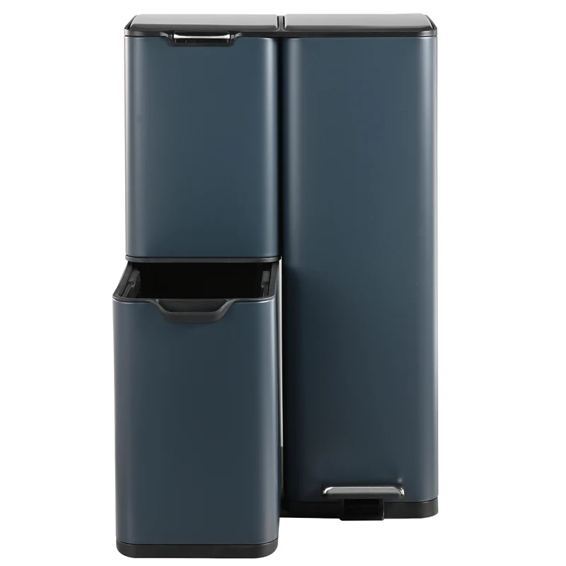 Poubelle de cuisine à pédale tri sélectif recyclage 60L(13+17+30L) HAJA en acier Inox Gris avec seau