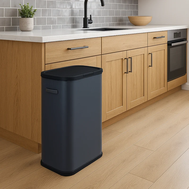 Poubelle de cuisine push 60L PORTLAND en acier Inox GRIS Ouverture par simple pression