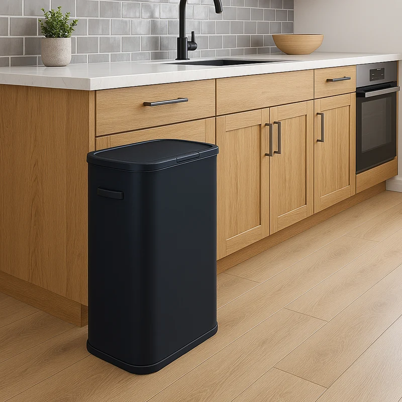 Poubelle de cuisine push 60L PORTLAND en acier Inox NOIR Ouverture par simple pression