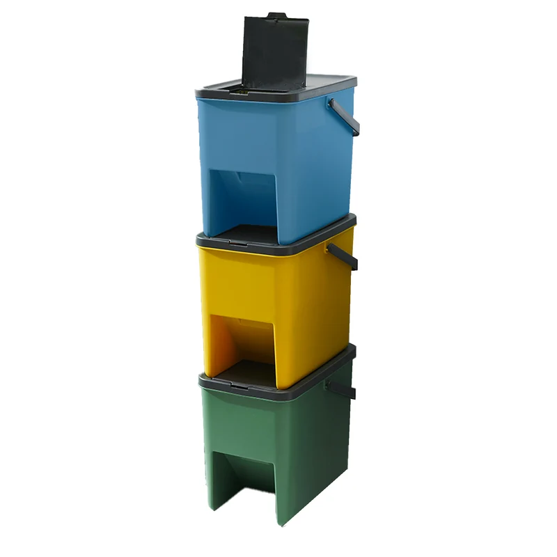 Lot de 3 poubelles Empilables 20L pour Recyclage BERGEN Poubelles de Tri Sélectif en Plastique, Couleurs Jaune, Bleu, Vert et Gris