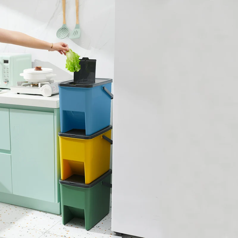 Lot de 3 poubelles Empilables 20L pour Recyclage BERGEN Poubelles de Tri Sélectif en Plastique, Couleurs Jaune, Bleu, Vert et Gris