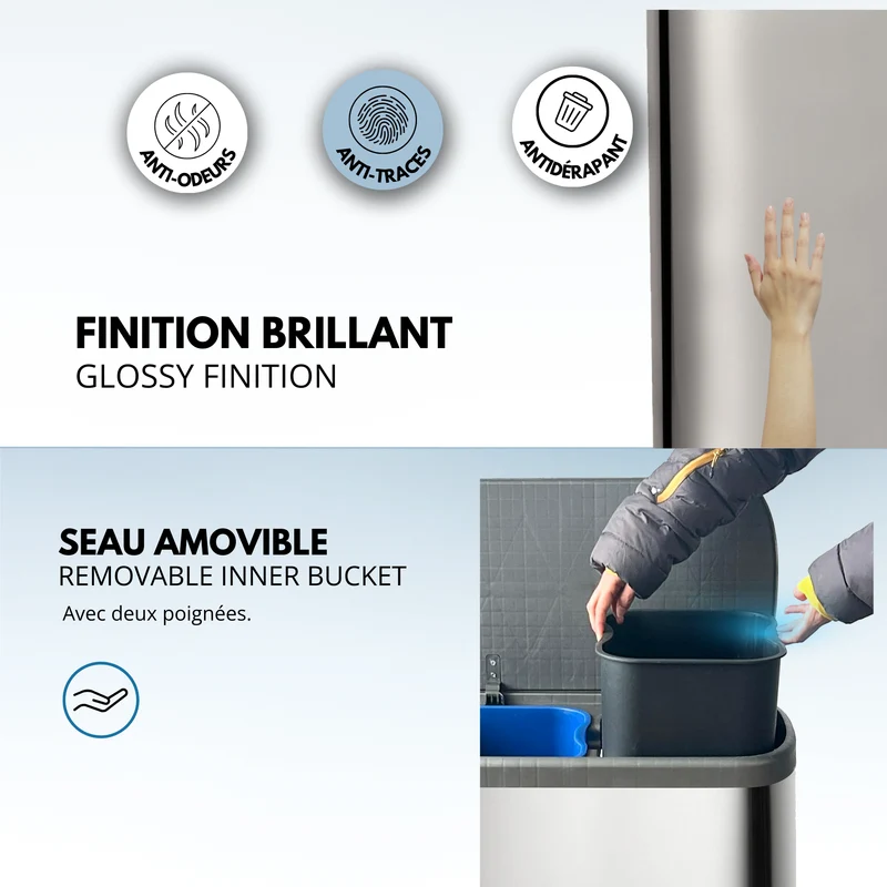 Poubelle de cuisine à pédale tri sélectif recyclage 60L(30L+30L) EMPIRE en acier Inox brossé avec seau