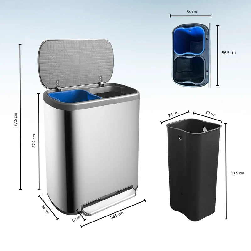 Poubelle de cuisine à pédale tri sélectif recyclage 60L(30L+30L) EMPIRE en acier Inox brossé avec seau
