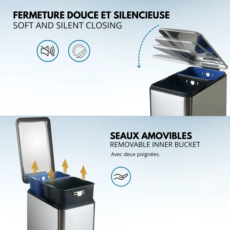 Poubelle de cuisine à pédale tri sélectif recyclage 50L(30L+20L) EDGE en acier Inox brossé avec seau