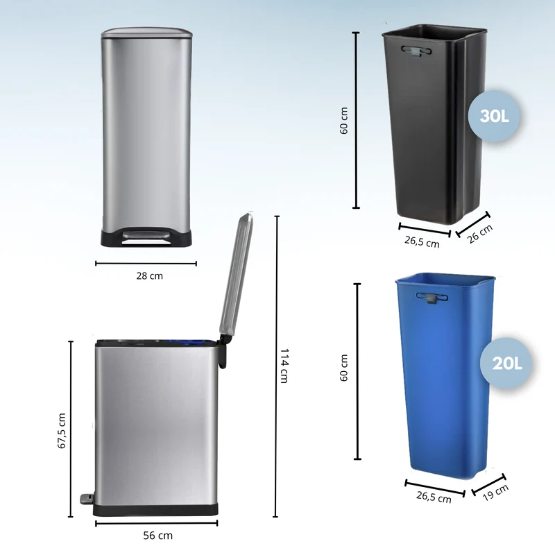 Poubelle de cuisine à pédale tri sélectif recyclage 50L(30L+20L) EDGE en acier Inox brossé avec seau