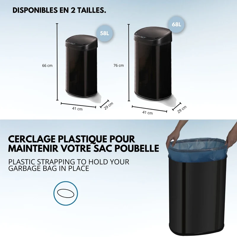 Poubelle de cuisine automatique 58L MAJESTIC grande capacité noir mat en acier INOX avec cerclage
