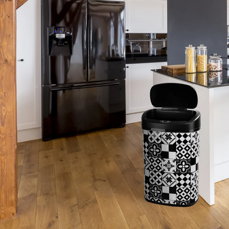 Poubelle de cuisine automatique 58L MAJESTIC Carreau de ciment Noir en acier INOX avec cerclage