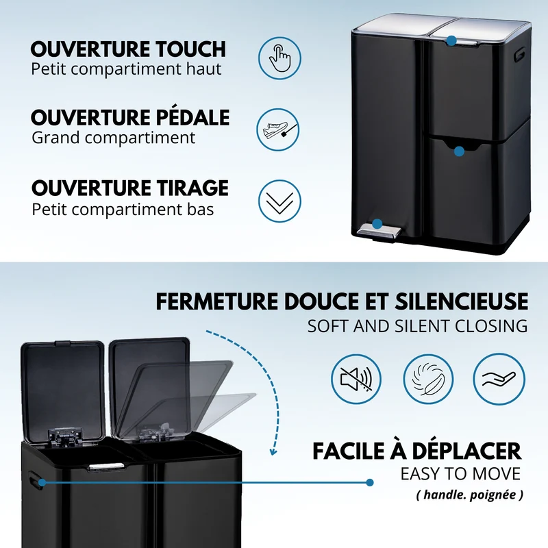 Poubelle de cuisine à pédale tri sélectif recyclage 60L(13+17+30L) HAJA en acier Inox Noir avec seau