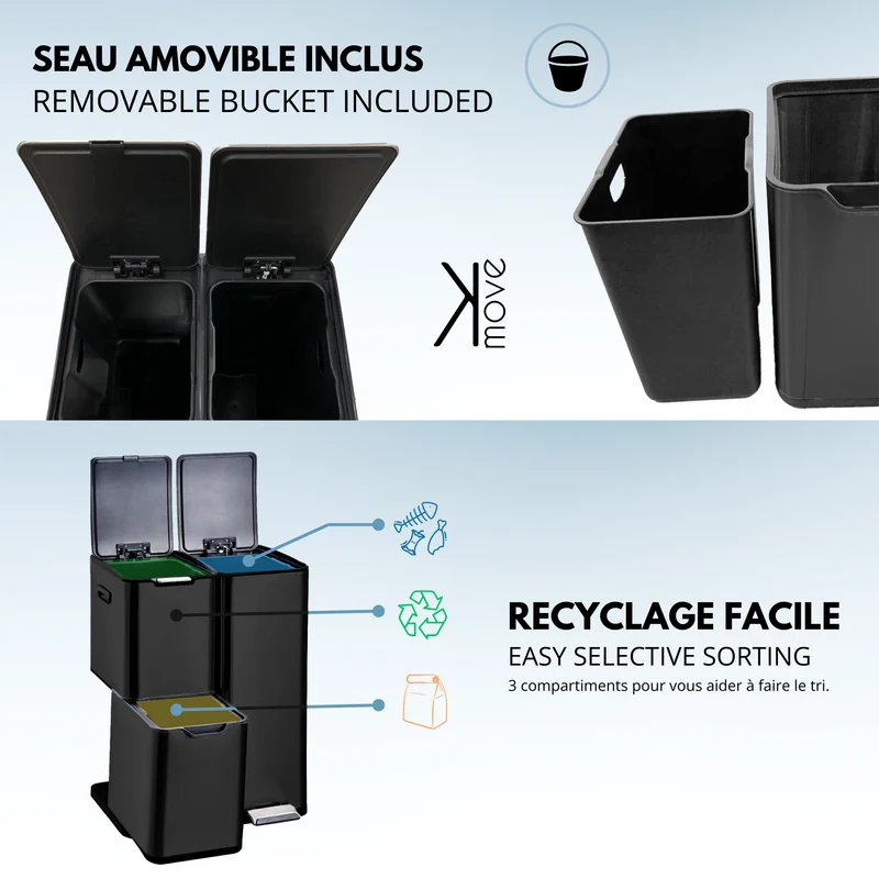 Poubelle de cuisine à pédale tri sélectif recyclage 60L(13+17+30L) HAJA en acier Inox Noir avec seau