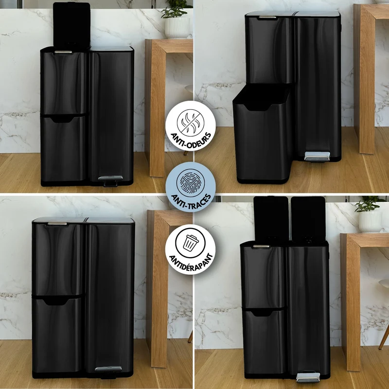 Poubelle de cuisine à pédale tri sélectif recyclage 60L(13+17+30L) HAJA en acier Inox Noir avec seau