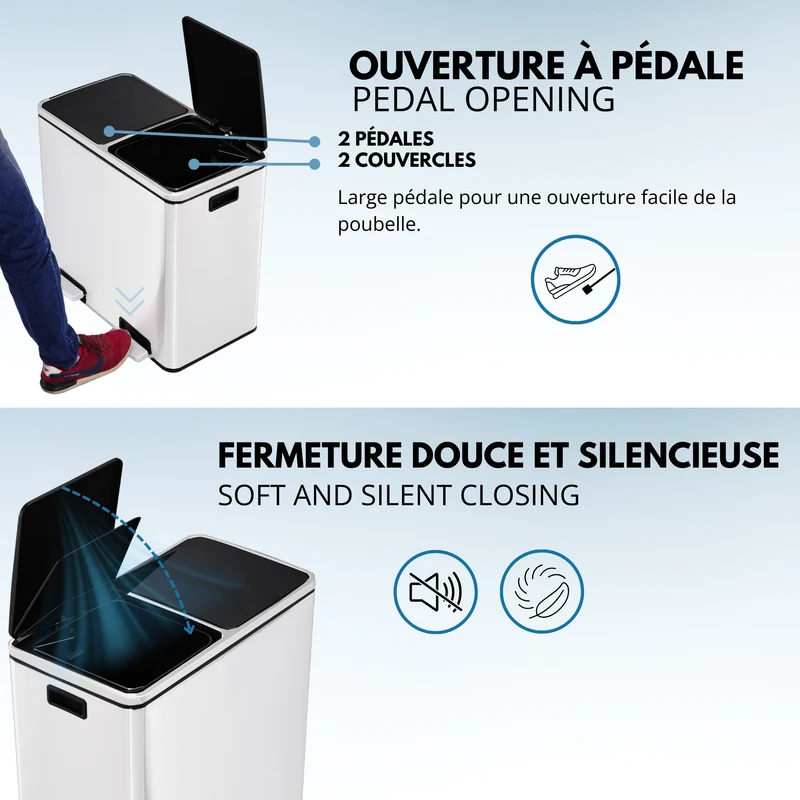 Poubelle de cuisine à pédale tri sélectif grande capacité 60L (2x30L) MAJOR en acier Inox Blanc