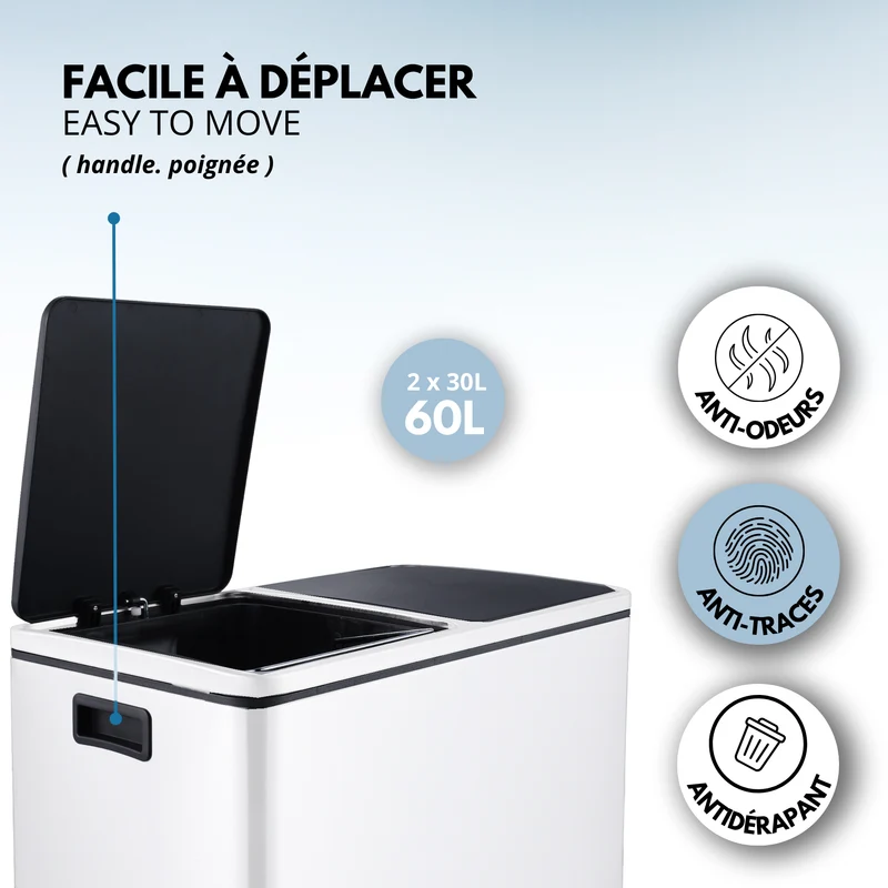 Poubelle de cuisine à pédale tri sélectif grande capacité 60L (2x30L) MAJOR en acier Inox Blanc