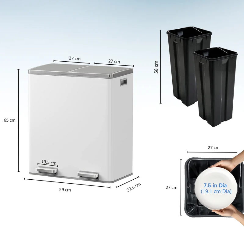 Poubelle de cuisine à pédale tri sélectif grande capacité 60L (2x30L) MAJOR en acier Inox Blanc