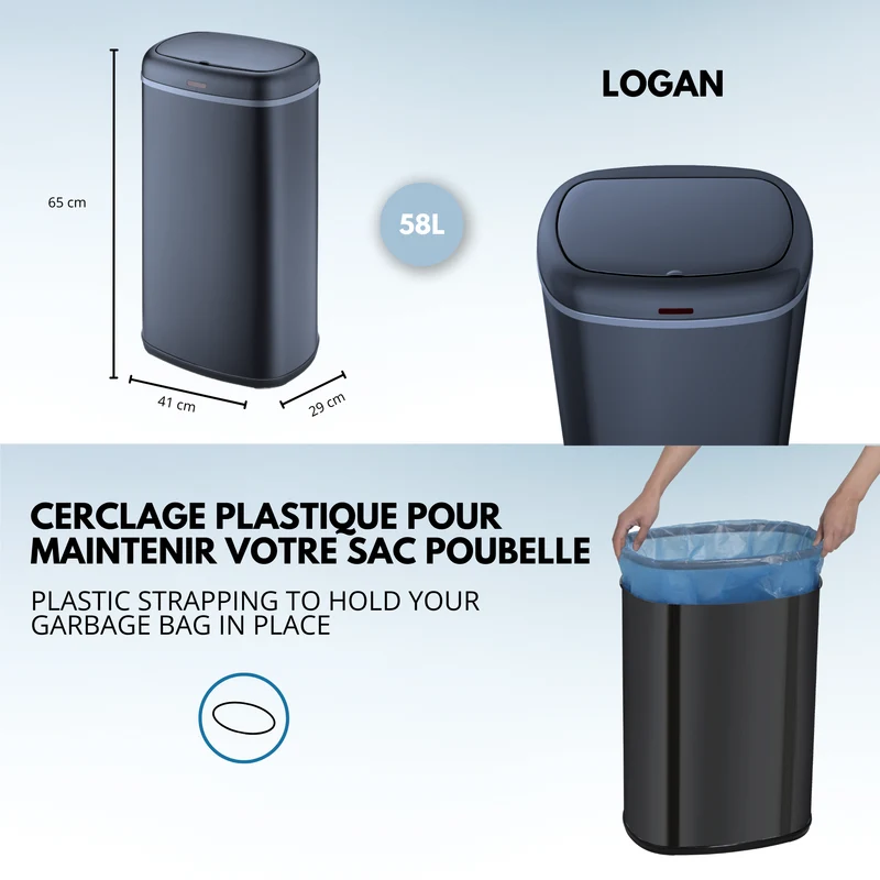Poubelle cuisine automatique 58L LOGAN en acier INOX Gris Mat