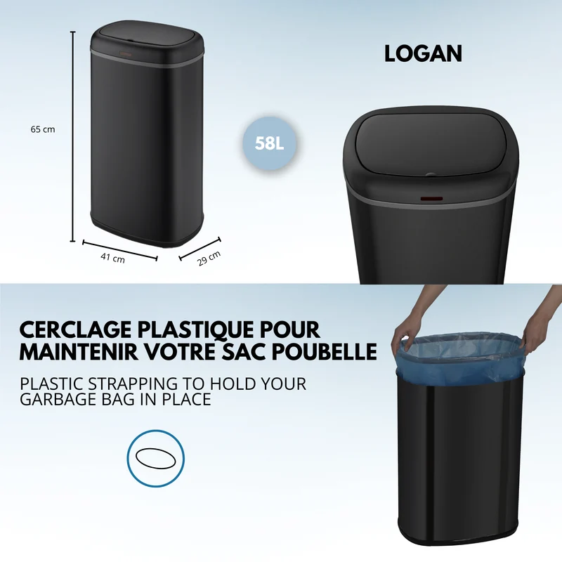 Poubelle cuisine automatique 58L LOGAN en acier INOX Noir Mat