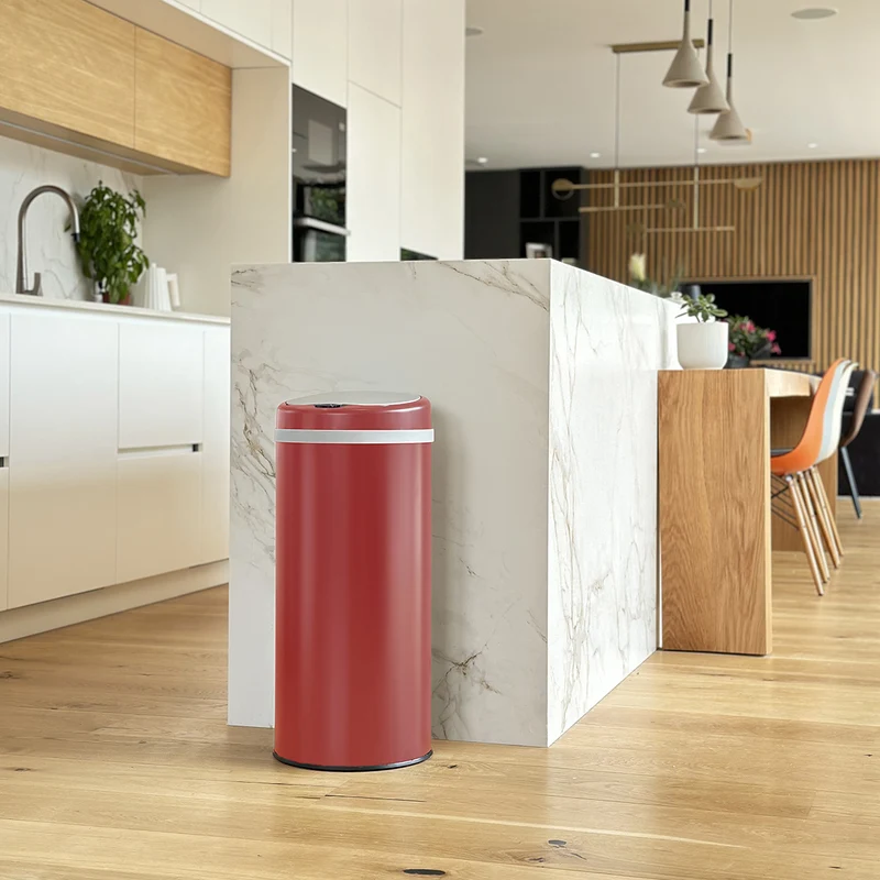 Poubelle de cuisine automatique 42L SOHO Rouge mat en acier INOX avec cerclage