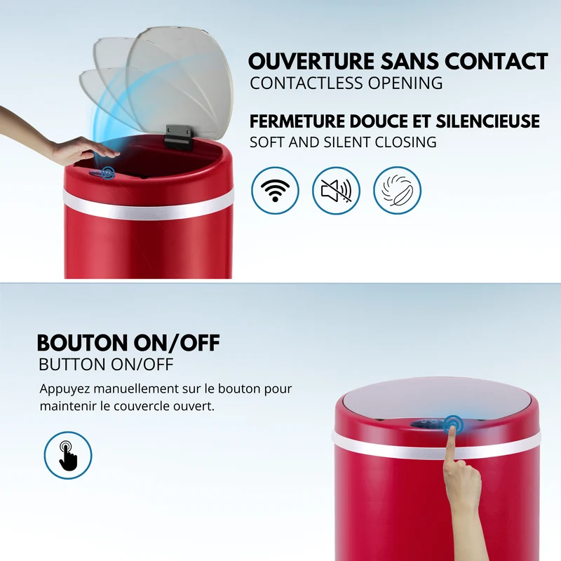 Poubelle de cuisine automatique 42L SOHO Rouge mat en acier INOX avec cerclage