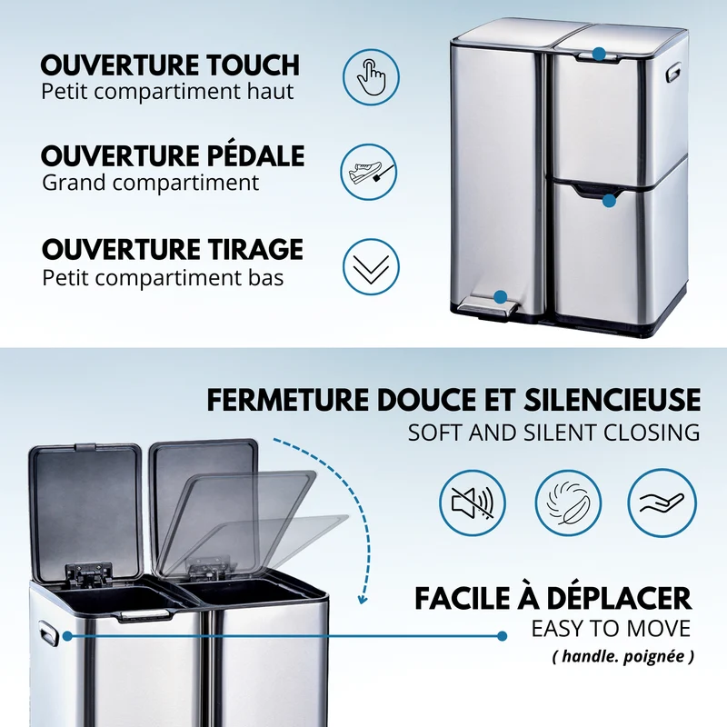 Poubelle de cuisine à pédale tri sélectif recyclage 60L(13+17+30L) HAJA en acier Inox avec seau