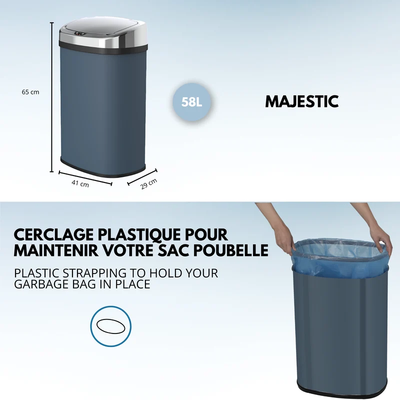 Poubelle de cuisine automatique 58L MAJESTIC grande capacité gris mat en acier INOX avec cerclage