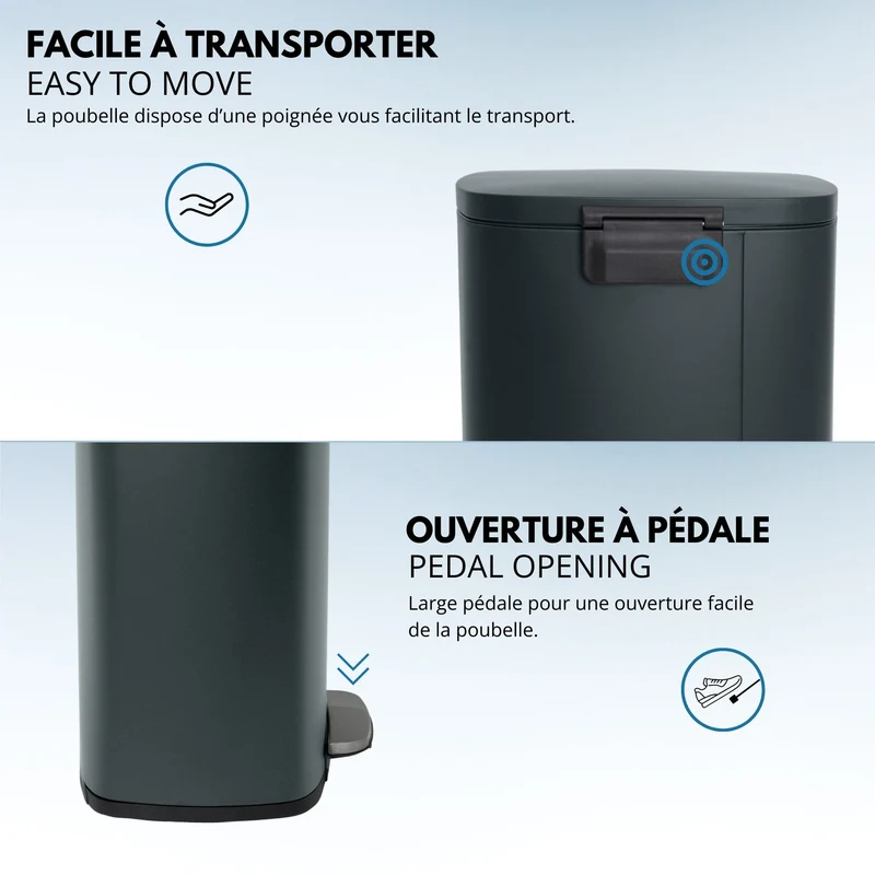 Poubelle de cuisine à pédale 50L Design ADMIRAL Gris mat en acier Inox avec seau et fermeture douce