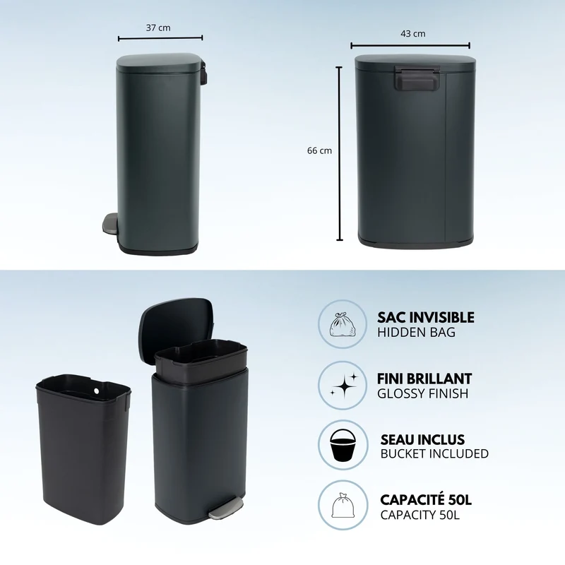 Poubelle de cuisine à pédale 50L Design ADMIRAL Gris mat en acier Inox avec seau et fermeture douce