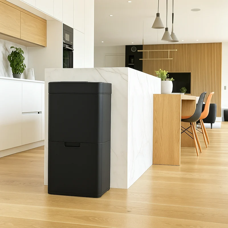 Poubelle De Cuisine Automatique Tri Sélectif Double Compartiment 75l NARVIK Noir Mat Recyclage Grande Capacité Et Poubelle De Table 3l