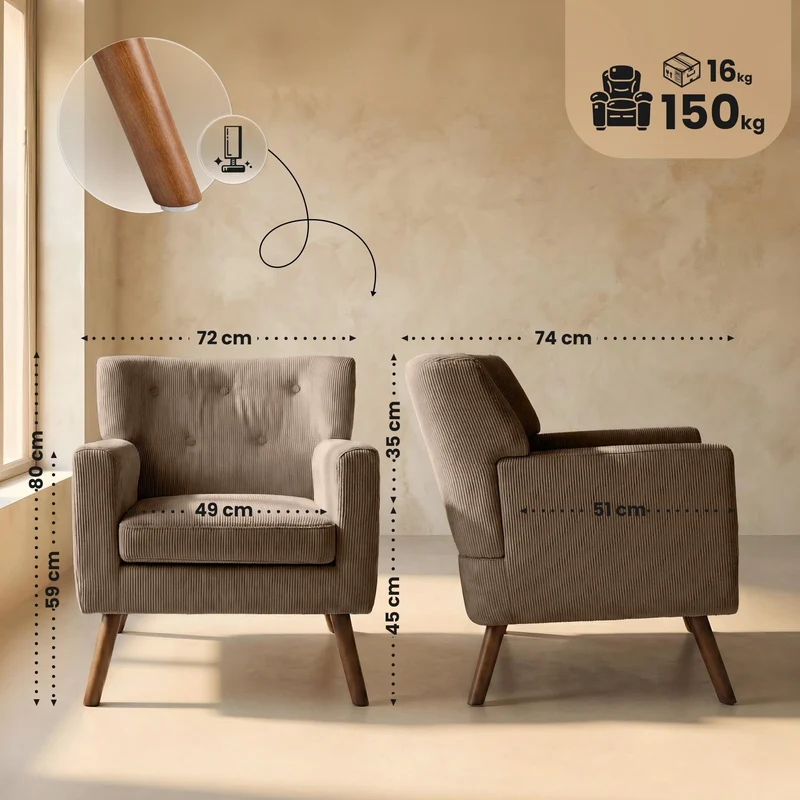 CLP Fauteuil Rembourre en Velours cotele Kioni avec accoudoirs, Fauteuil Bergere Jusqu a 150 kg, Fauteuil Relax et TV pour Salon Couleur:Marron foncé