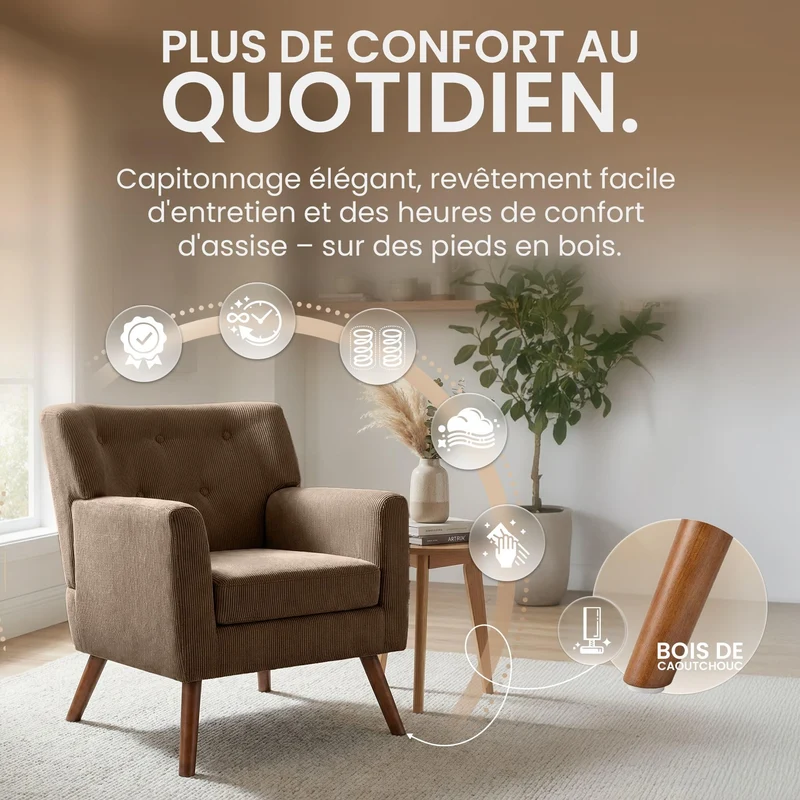 CLP Fauteuil Rembourre en Velours cotele Kioni avec accoudoirs, Fauteuil Bergere Jusqu a 150 kg, Fauteuil Relax et TV pour Salon Couleur:Marron foncé