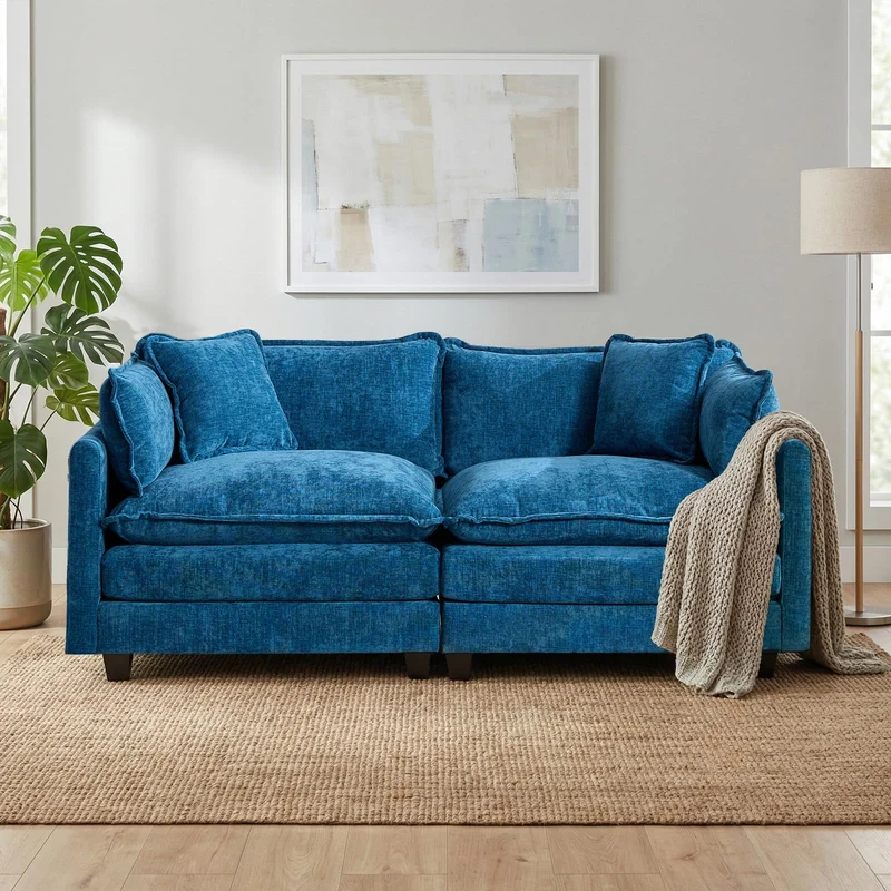 SoarFlash Canapé modulaire 2 Places 198 cm en Chenille Bleue avec Coussins