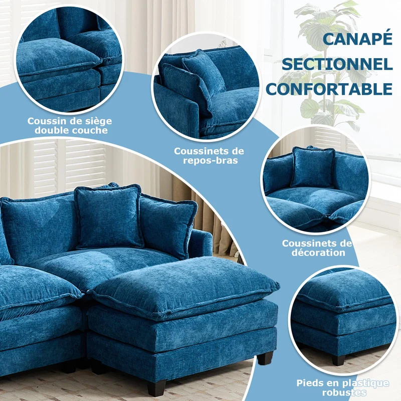 SoarFlash Canapé modulaire 2 Places 198 cm en Chenille Bleue avec Coussins
