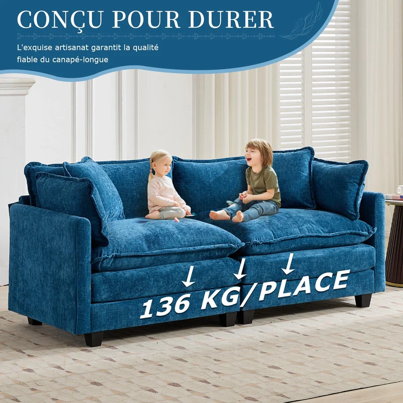 SoarFlash Canapé modulaire 2 Places 198 cm en Chenille Bleue avec Coussins