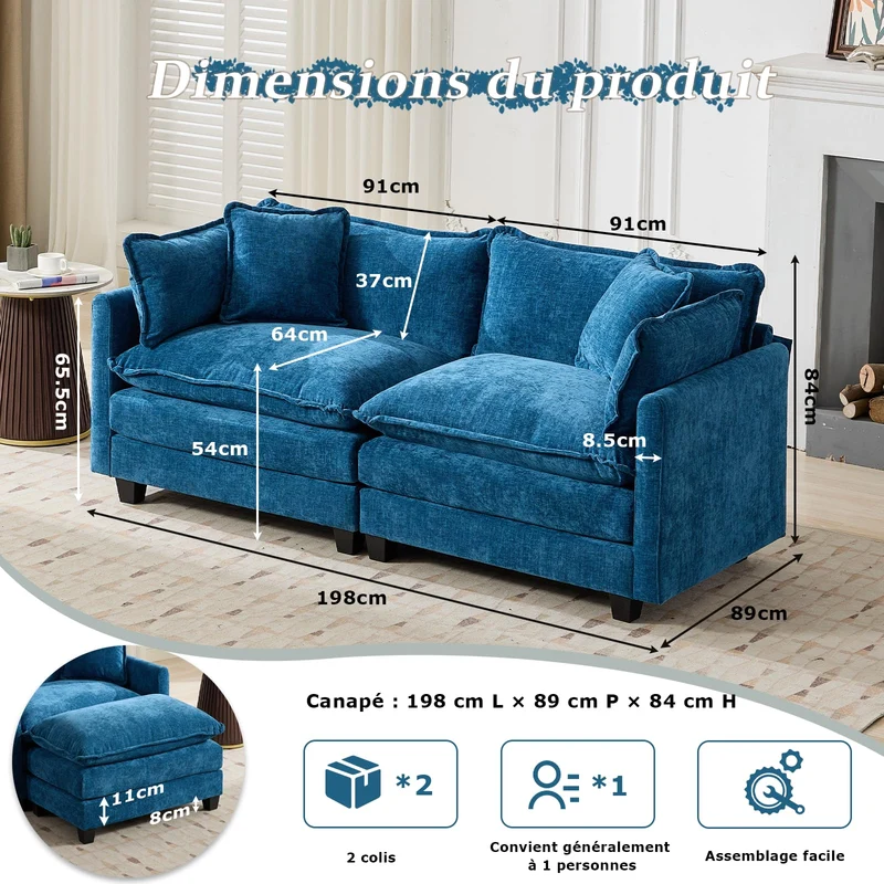 SoarFlash Canapé modulaire 2 Places 198 cm en Chenille Bleue avec Coussins