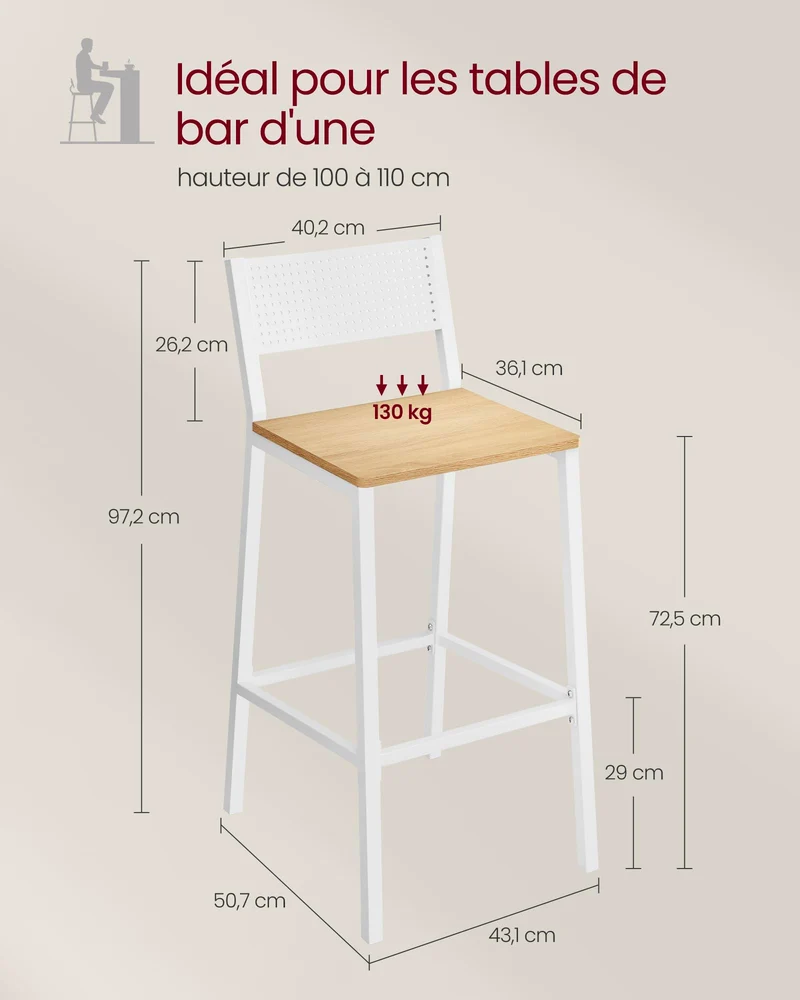 VASAGLE Tabourets de Bar, Lot de 2, Sièges Cuisine, Style Industriel