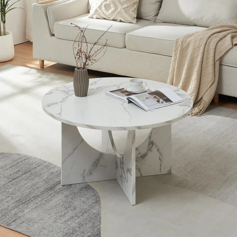 [en.casa] Table Basse de Salon avec Plateau Rond Table d'Appoint Style Intemporel Bout de Canapé pour Salle de Séjour Chambre Bureau Panneau de Particules 80 x 42 cm Effet Marbre Blanc