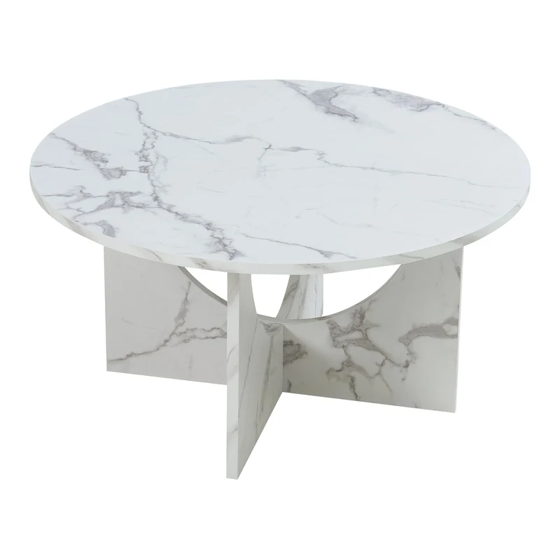[en.casa] Table Basse de Salon avec Plateau Rond Table d'Appoint Style Intemporel Bout de Canapé pour Salle de Séjour Chambre Bureau Panneau de Particules 80 x 42 cm Effet Marbre Blanc