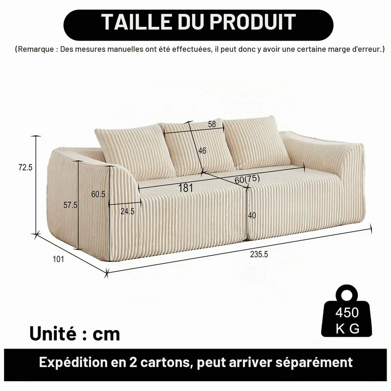 Yihomfy Canapé 3 Places Modulaire en Corduroy côtelé, canapé Salon Moderne avec Assise rembourrée, Canapé Entièrement Compressé, 3 Coussins, Aucun Assemblage requis