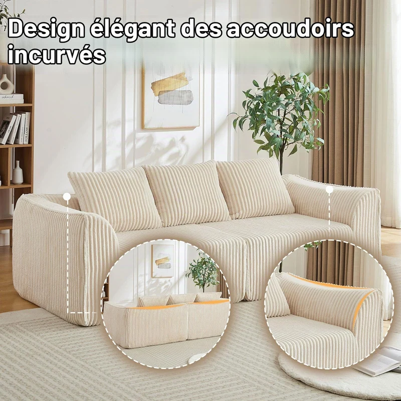 Yihomfy Canapé 3 Places Modulaire en Corduroy côtelé, canapé Salon Moderne avec Assise rembourrée, Canapé Entièrement Compressé, 3 Coussins, Aucun Assemblage requis