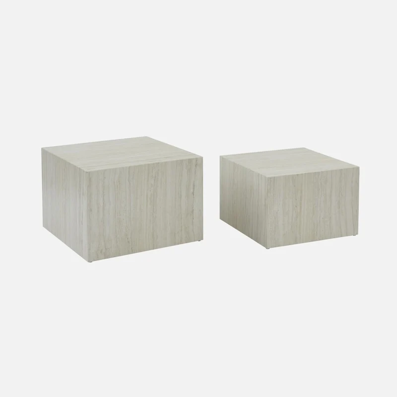Alice's Garden sweeek - Lot de 2 Tables Basses Effet marbre Blanc cassé Paros. L 58 x l 58 x H 40cm / L 50 x l 50 x H 33cm