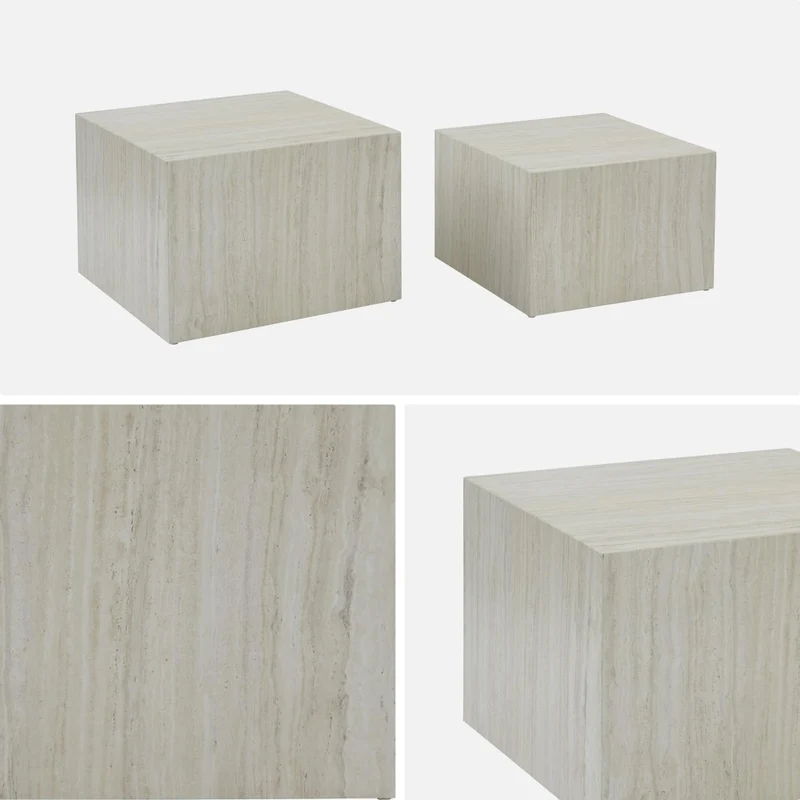 Alice's Garden sweeek - Lot de 2 Tables Basses Effet marbre Blanc cassé Paros. L 58 x l 58 x H 40cm / L 50 x l 50 x H 33cm