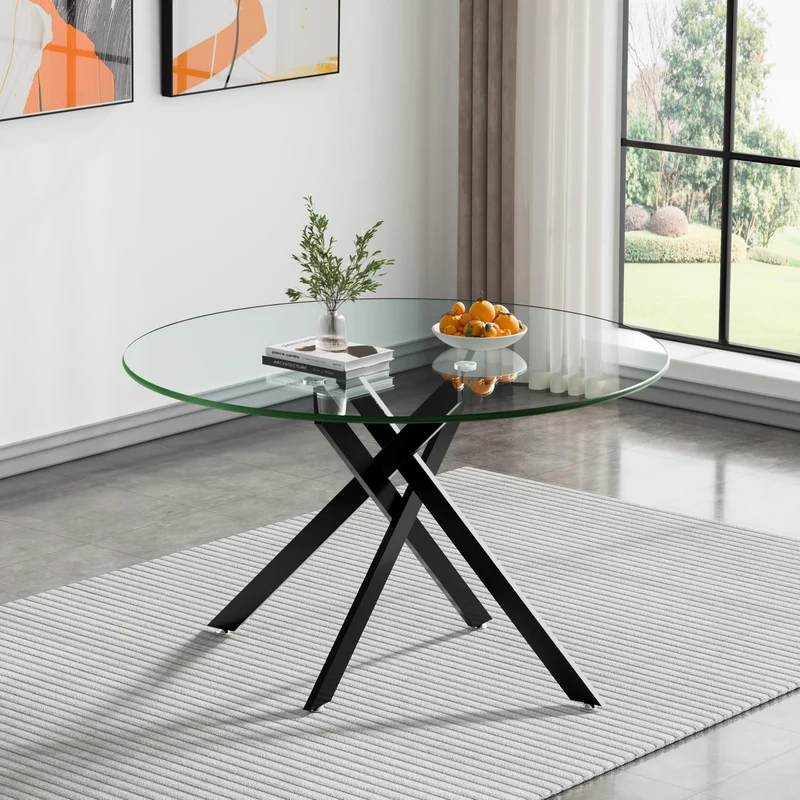 Binrrio Table de salle à manger ronde en verre de 120 cm, table de cuisine moderne pour 6 personnes avec pieds en métal noir, table de salle à manger transparente pour la maison, le bureau, la salle à