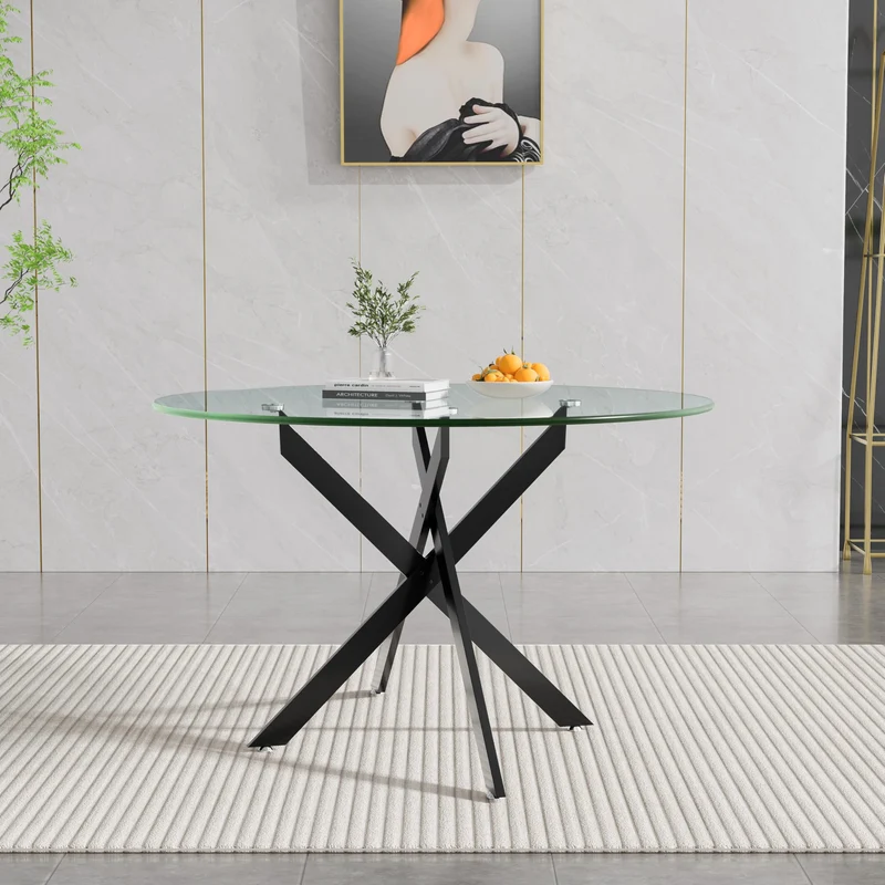 Binrrio Table de salle à manger ronde en verre de 120 cm, table de cuisine moderne pour 6 personnes avec pieds en métal noir, table de salle à manger transparente pour la maison, le bureau, la salle à