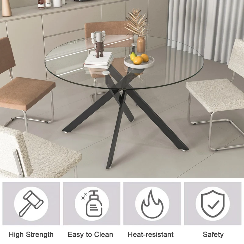 Binrrio Table de salle à manger ronde en verre de 120 cm, table de cuisine moderne pour 6 personnes avec pieds en métal noir, table de salle à manger transparente pour la maison, le bureau, la salle à